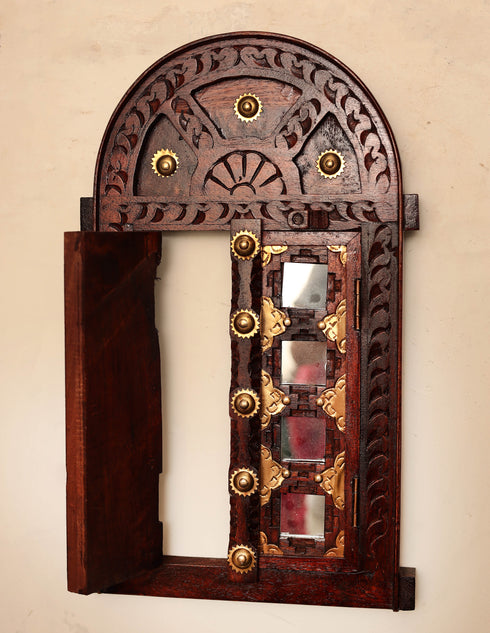 Wall Hanging Hand Carved Wooden Vintage Winndow/Jharokha, Brass Inlaid antique Furniture