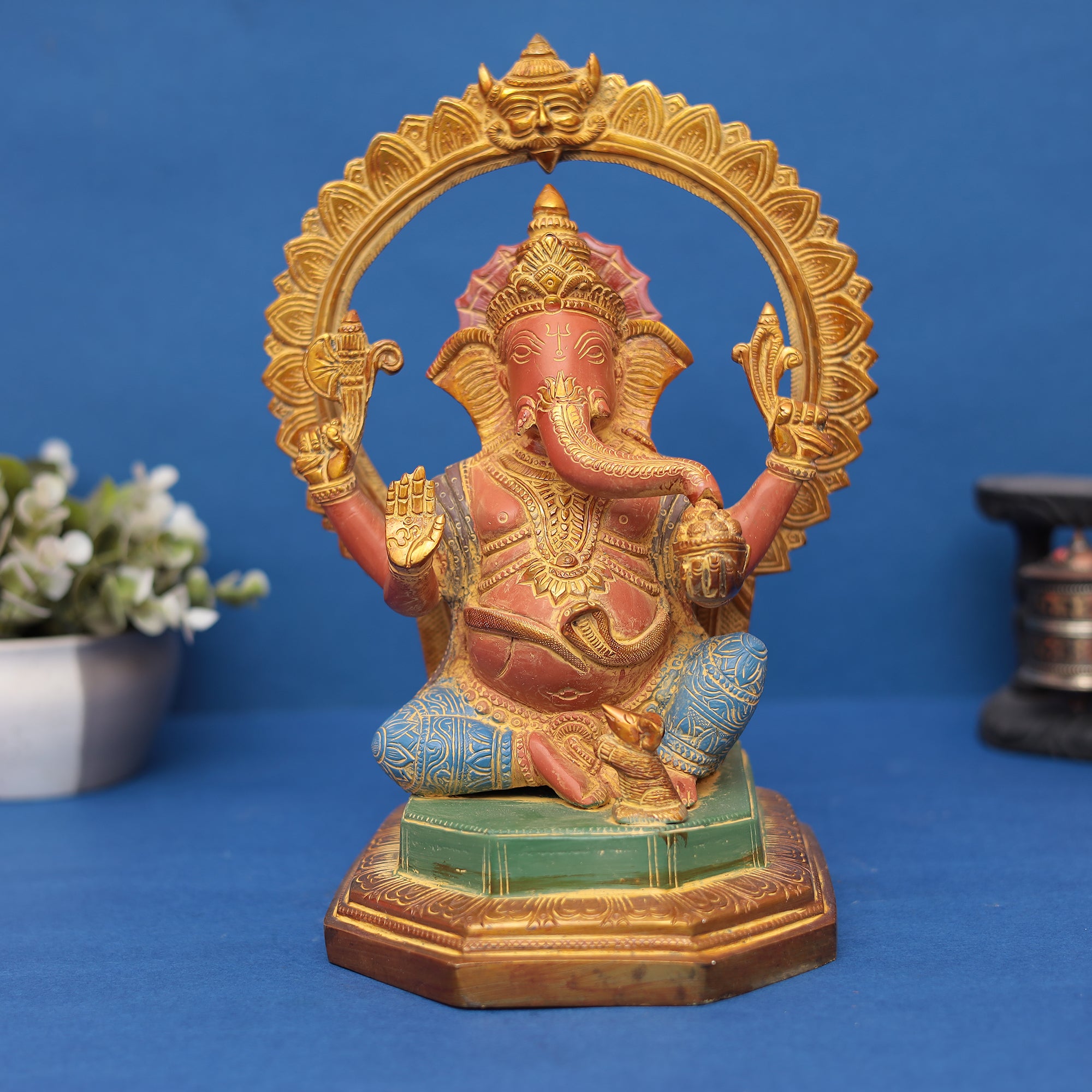 Lord Ganesha Idol with Ornate Prabhavali – In Brass 11" INCH