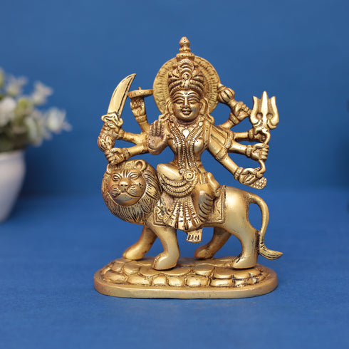 Pure Brass Goddess Durga Idol on Lion 7" INCH