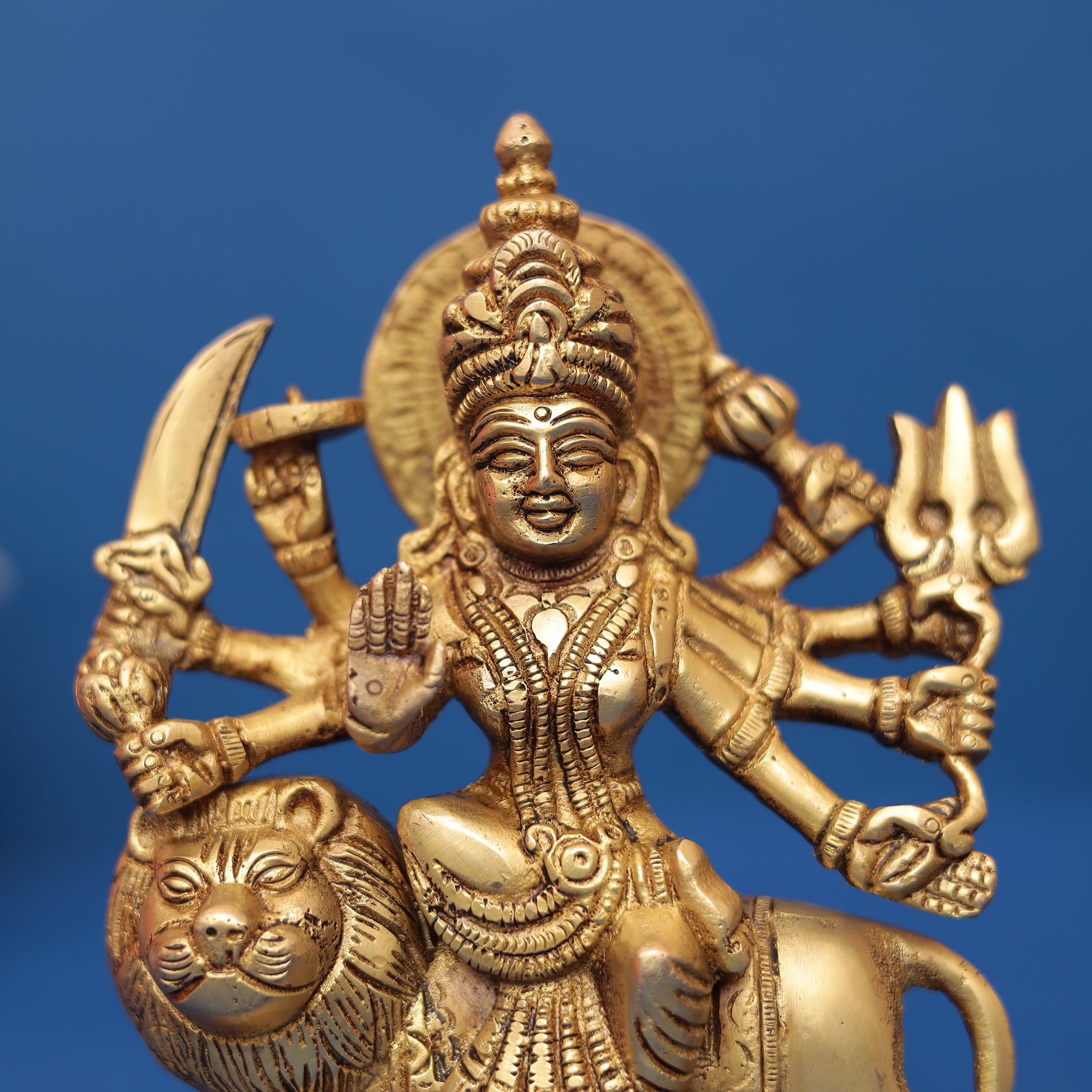 Pure Brass Goddess Durga Idol on Lion 7" INCH