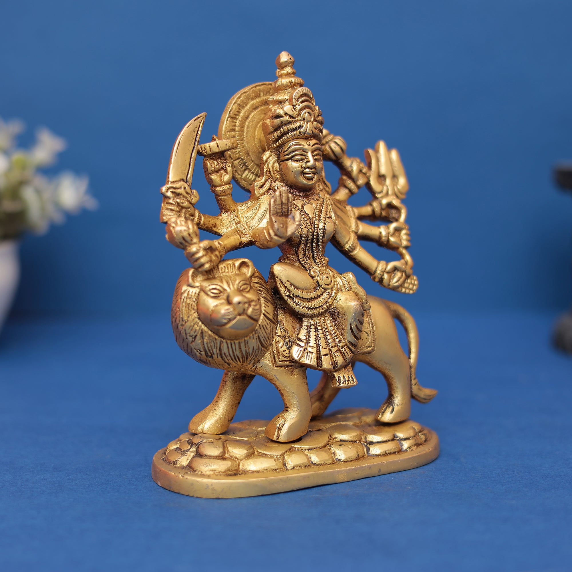 Pure Brass Goddess Durga Idol on Lion 7" INCH