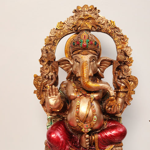 Elegant Multicolor Resin Chowki Ganesha Lakshmi Siting on Singhasan in 10 Inches