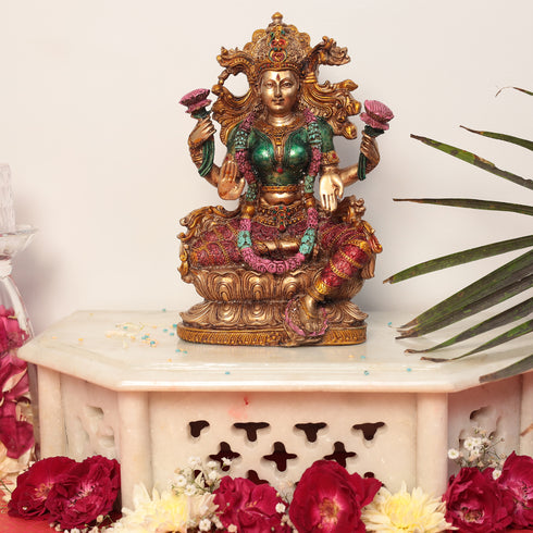 Elegant Multicolor Resin Chowki Ganesha Lakshmi Siting on Singhasan in 10 Inches