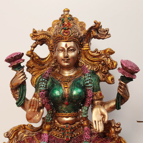 Elegant Multicolor Resin Chowki Ganesha Lakshmi Siting on Singhasan in 10 Inches