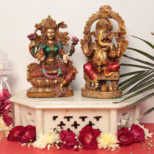 Elegant Multicolor Resin Chowki Ganesha Lakshmi Siting on Singhasan in 10 Inches