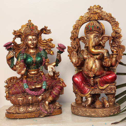 Elegant Multicolor Resin Chowki Ganesha Lakshmi Siting on Singhasan in 10 Inches