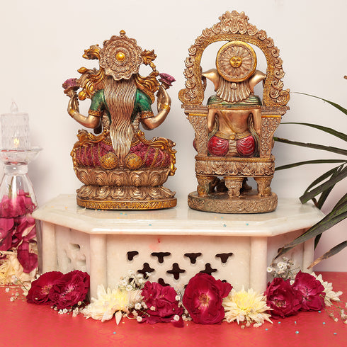 Elegant Multicolor Resin Chowki Ganesha Lakshmi Siting on Singhasan in 10 Inches