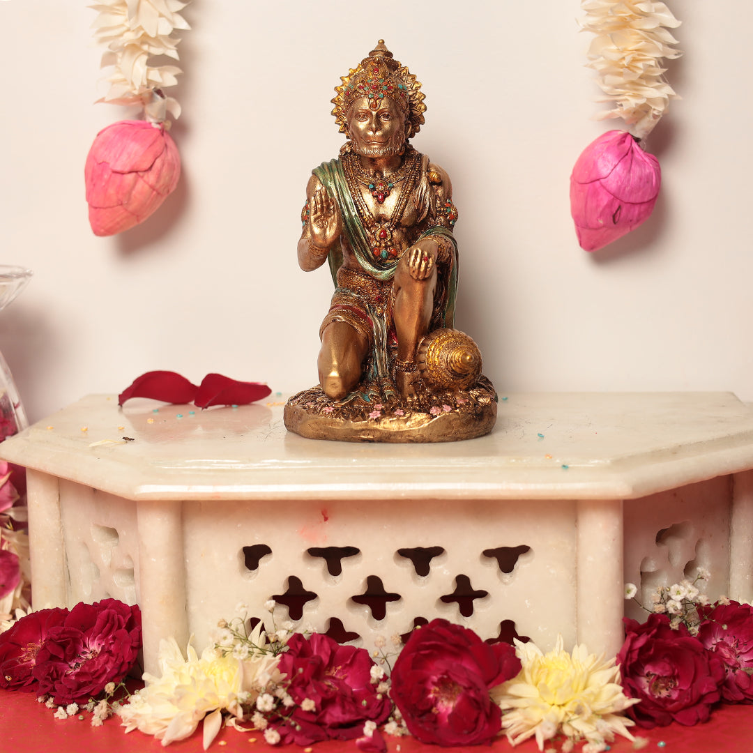 7" Sitting Blessing Hanuman Statue In Antique Finish