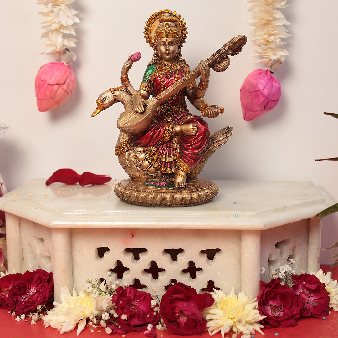 8" Maa Saraswati Idol In Antique Finish