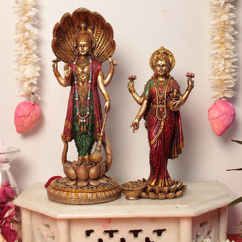 12" Exquisite Vishnu Lakshmi Idol in Marble Dust/Antique look