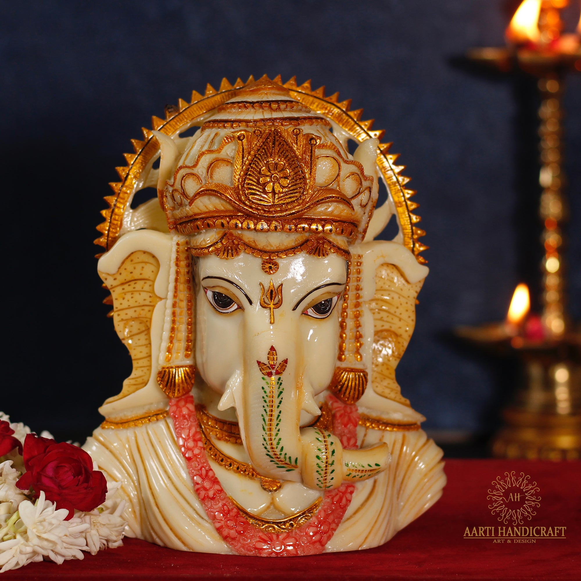 WHITE MARBLE RESIN LORD GANESHA HEAD STATUTE