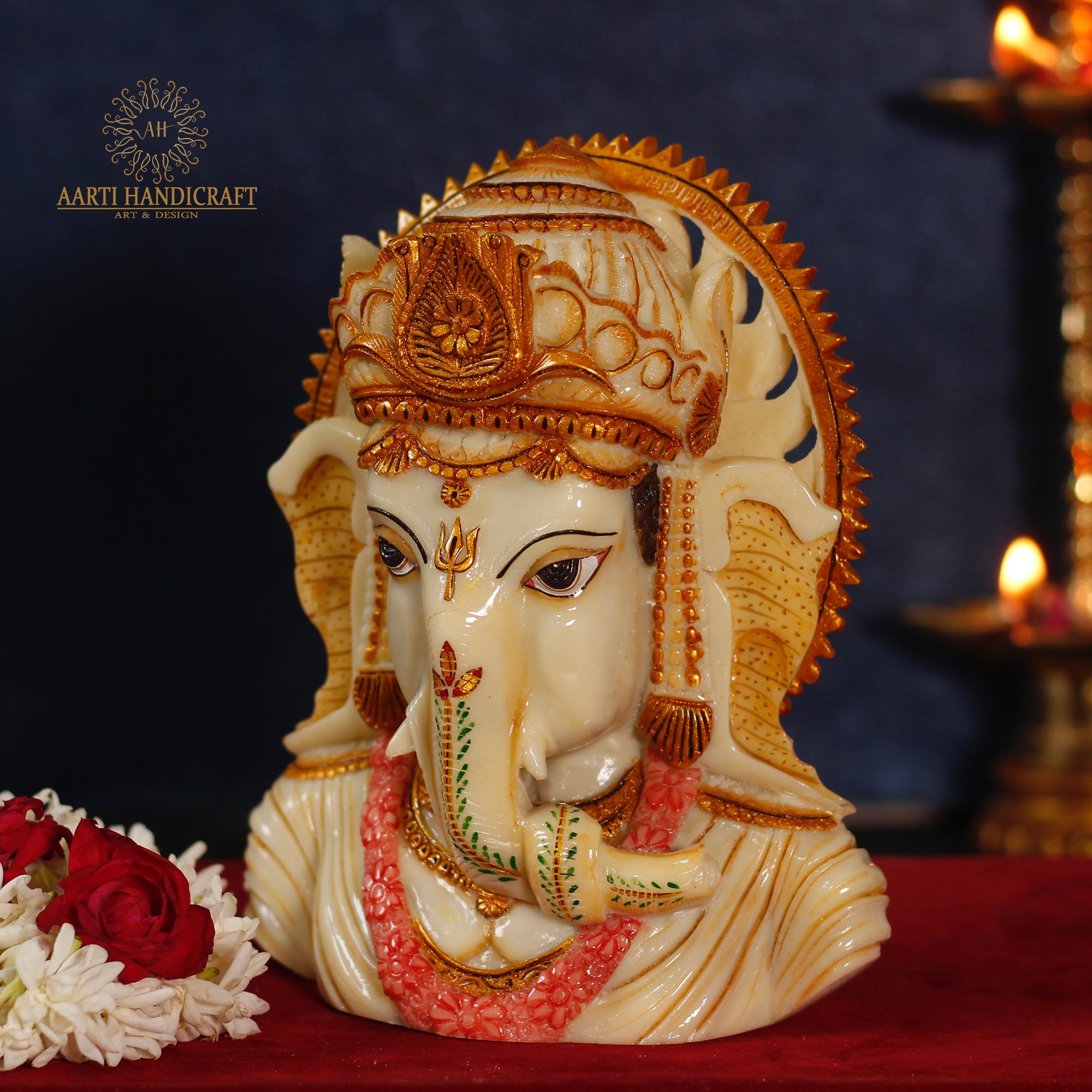 WHITE MARBLE RESIN LORD GANESHA HEAD STATUTE