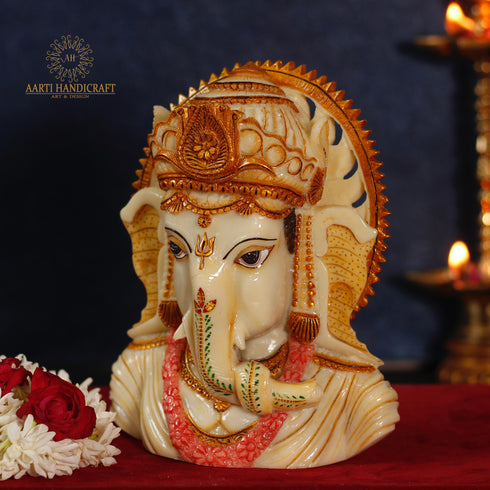 WHITE MARBLE RESIN LORD GANESHA HEAD STATUTE