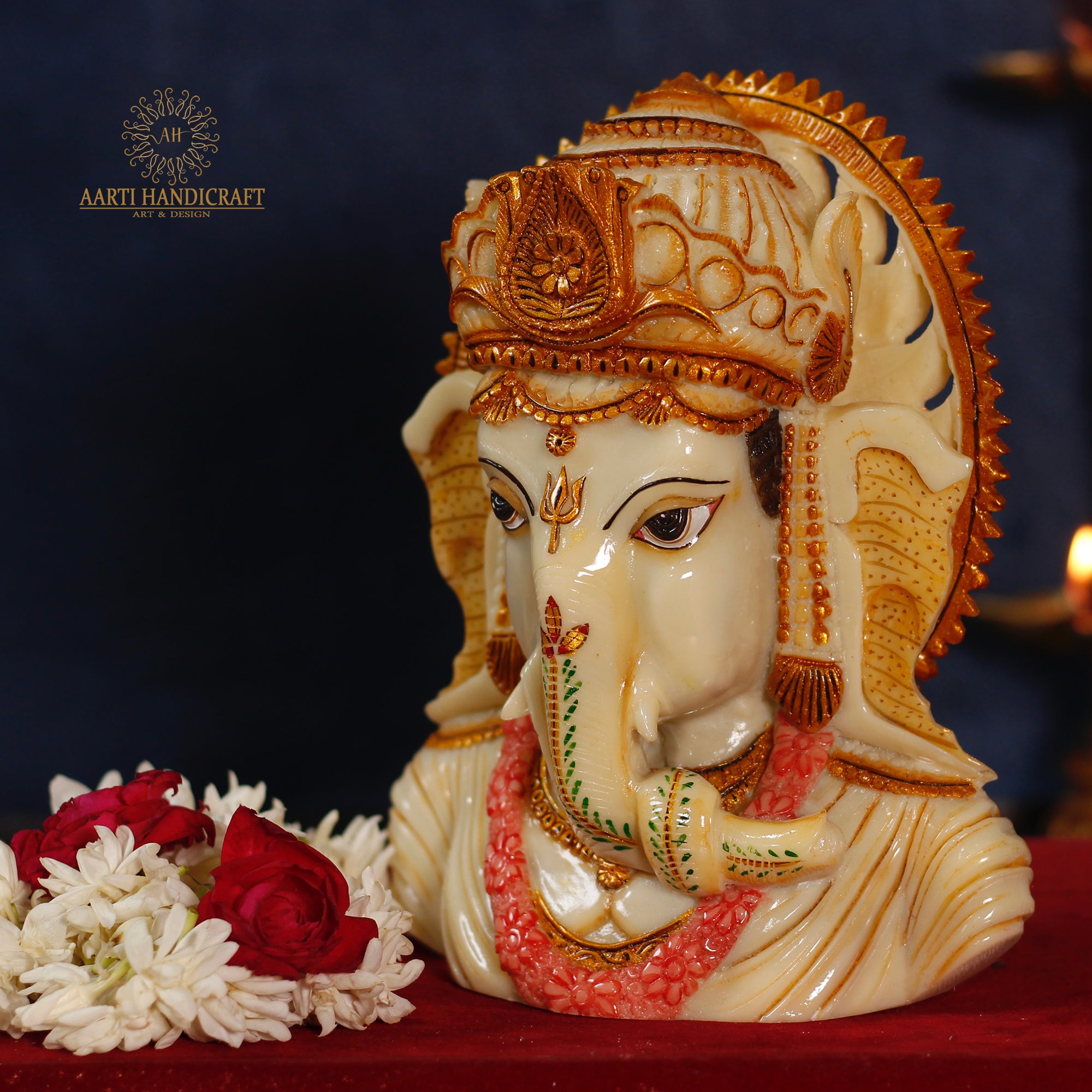 WHITE MARBLE RESIN LORD GANESHA HEAD STATUTE