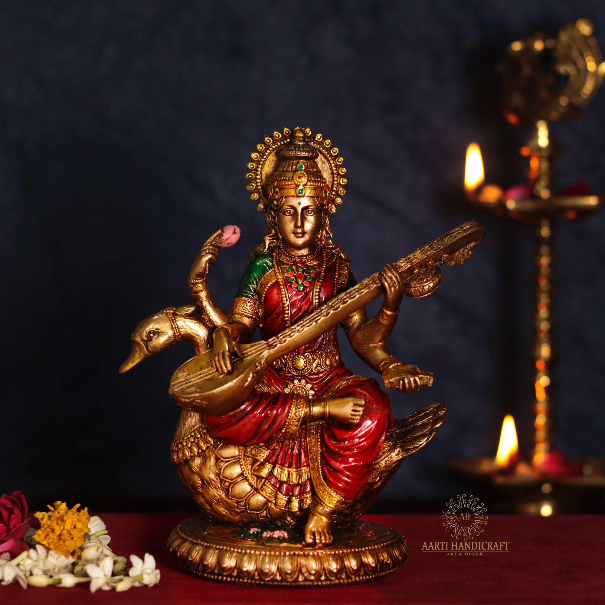 8" Maa Saraswati Idol In Antique Finish