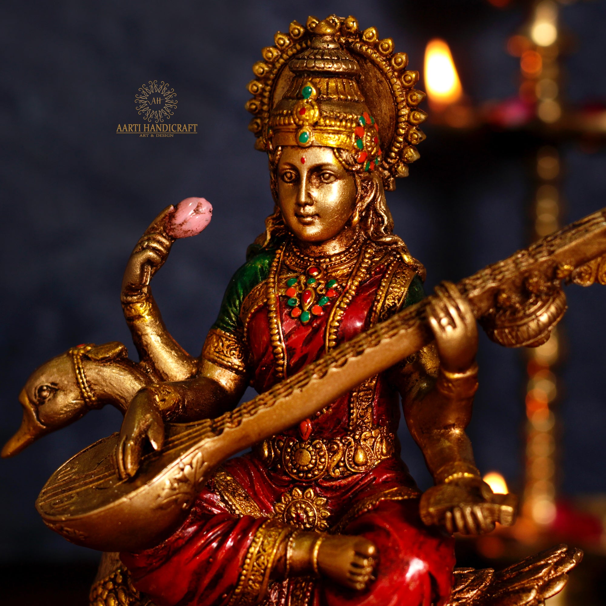 8" Maa Saraswati Idol In Antique Finish