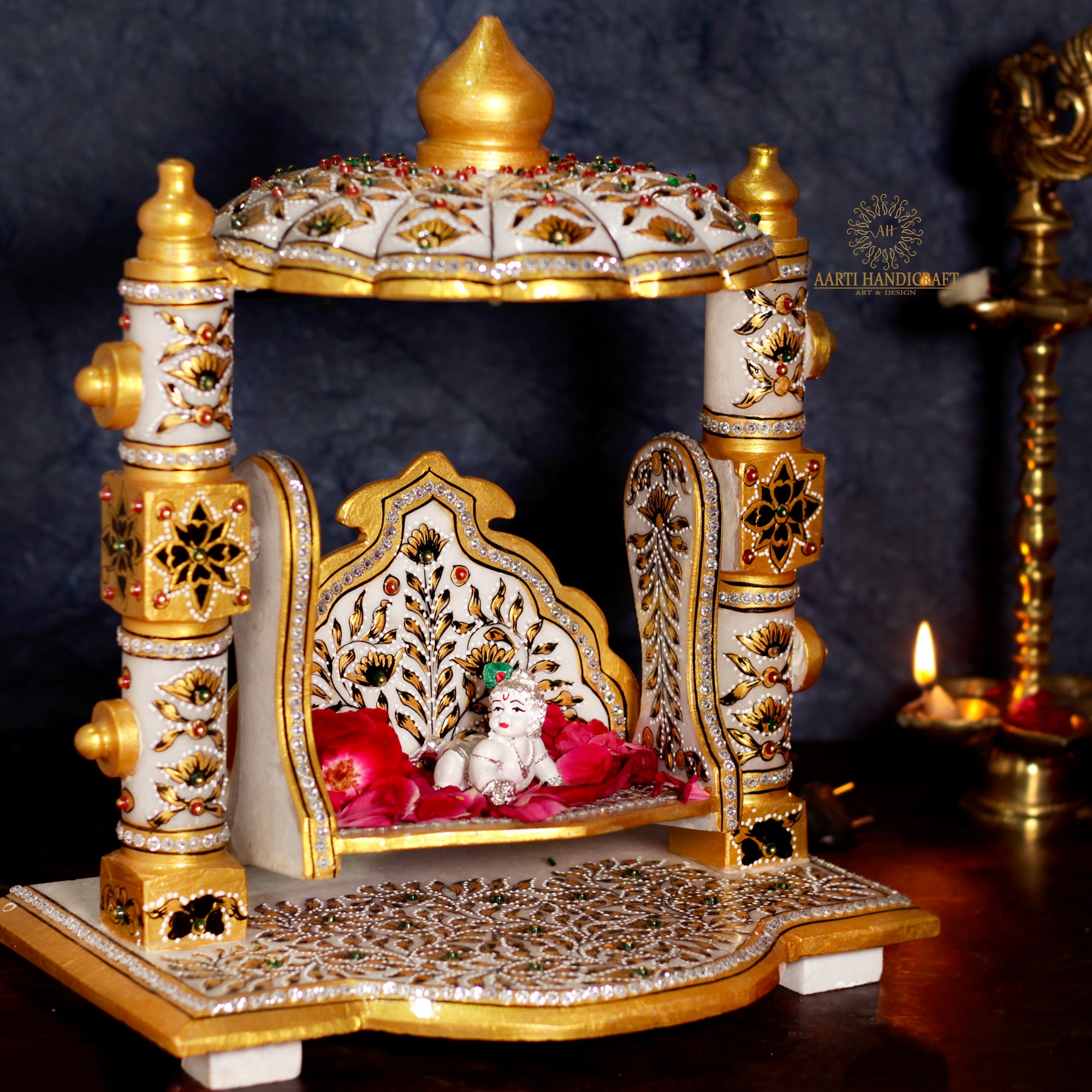 Marble Laddu Gopal Ji Jhula With Multicolor Light and Stone Work | Unique Karigari