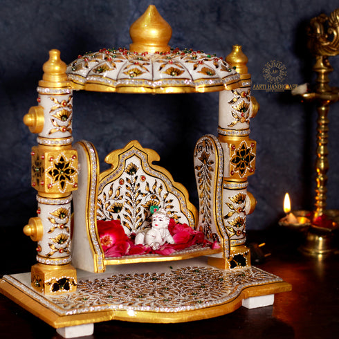 Marble Laddu Gopal Ji Jhula With Multicolor Light and Stone Work | Unique Karigari