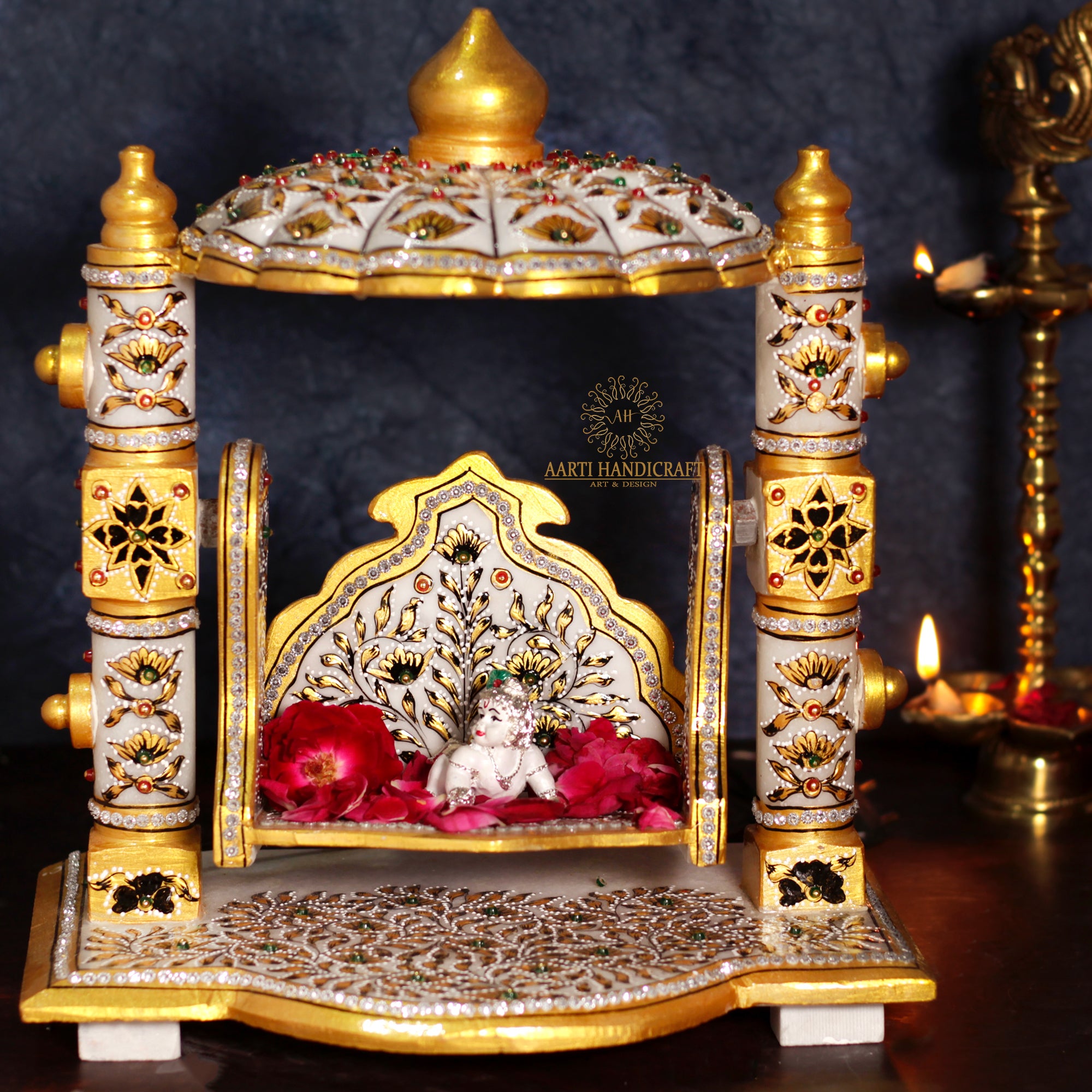 Marble Laddu Gopal Ji Jhula With Multicolor Light and Stone Work | Unique Karigari