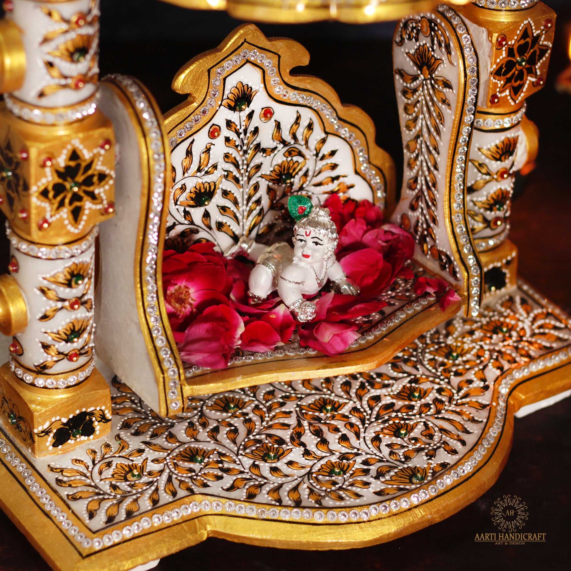 Marble Laddu Gopal Ji Jhula With Multicolor Light and Stone Work | Unique Karigari