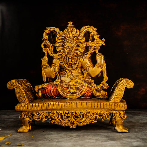 12" Lord Ganesha Figurine Sitting on Singhasan in Marble Dust