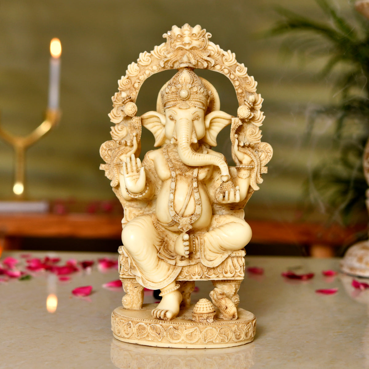 Shree Ganesha | Intricately Carved Marble Sculpture – Antique Ivory Finish