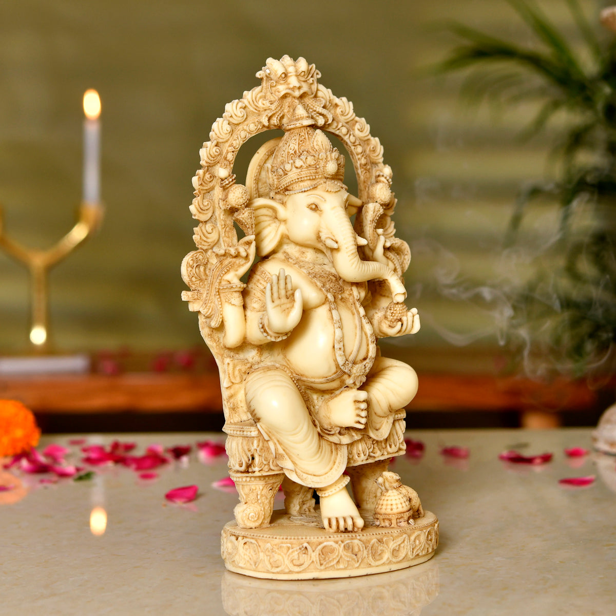 Shree Ganesha | Intricately Carved Marble Sculpture – Antique Ivory Finish