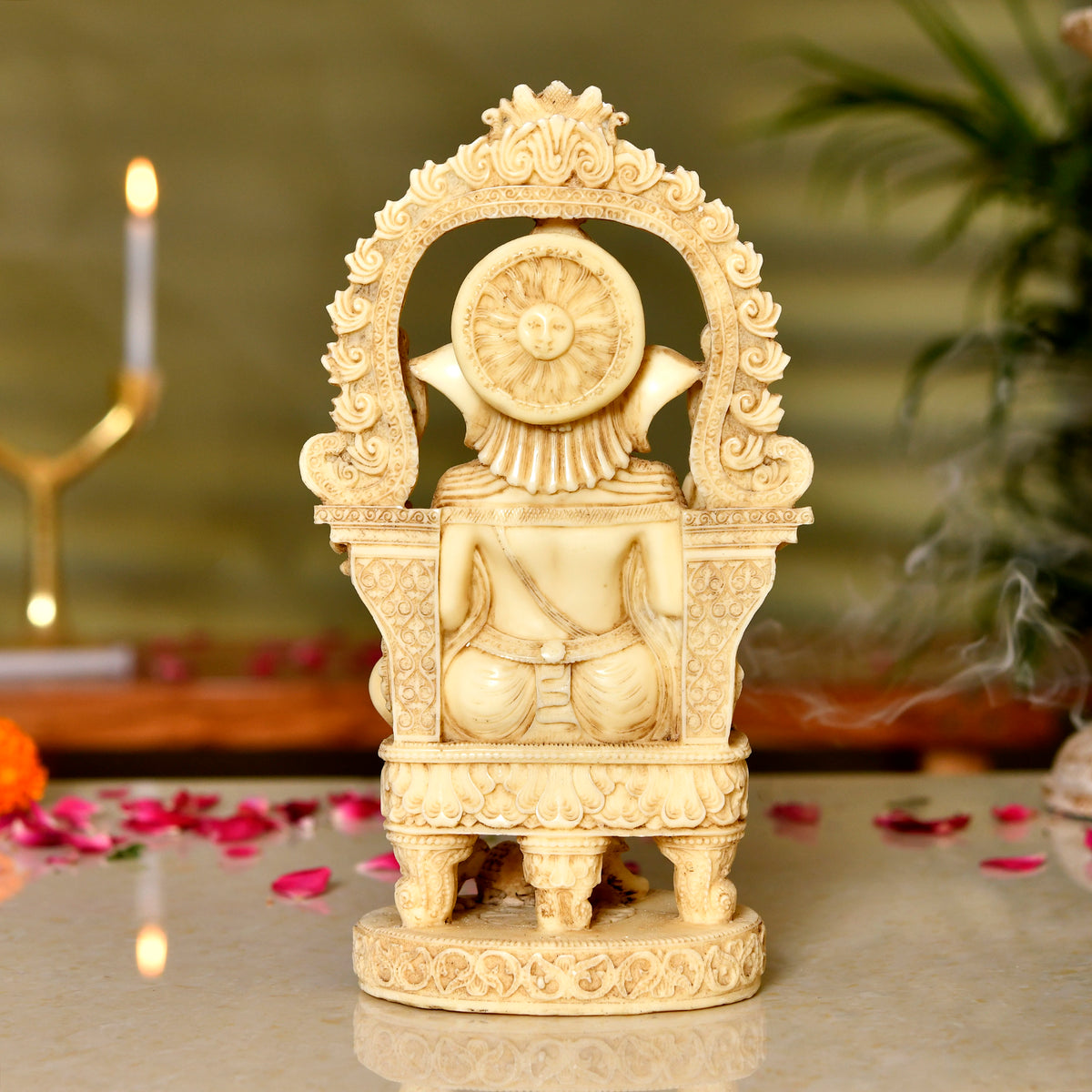 Shree Ganesha | Intricately Carved Marble Sculpture – Antique Ivory Finish
