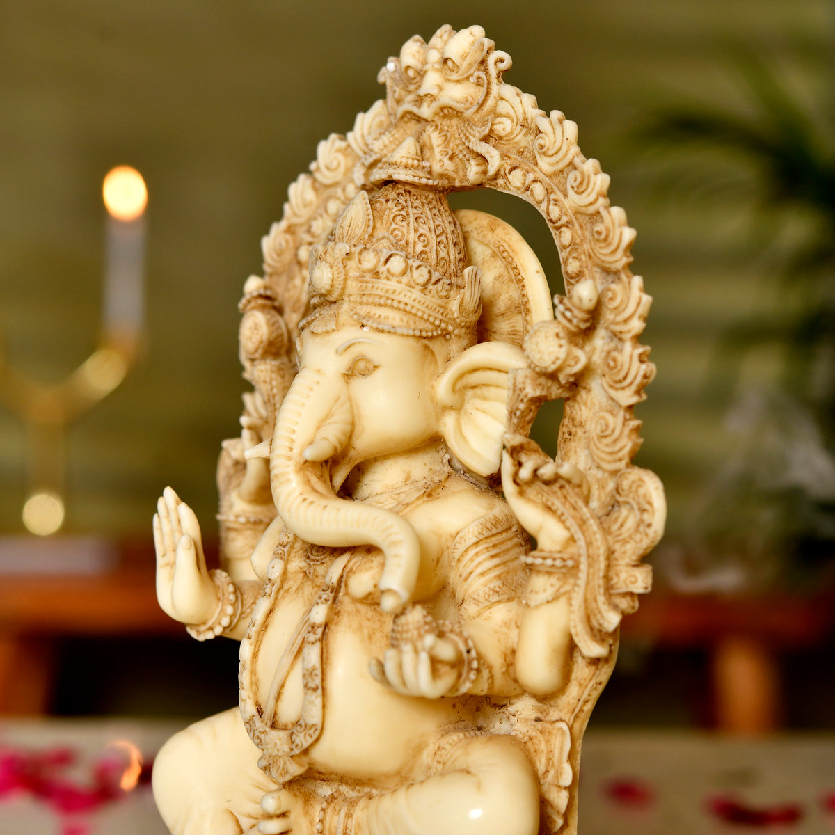 Shree Ganesha | Intricately Carved Marble Sculpture – Antique Ivory Finish
