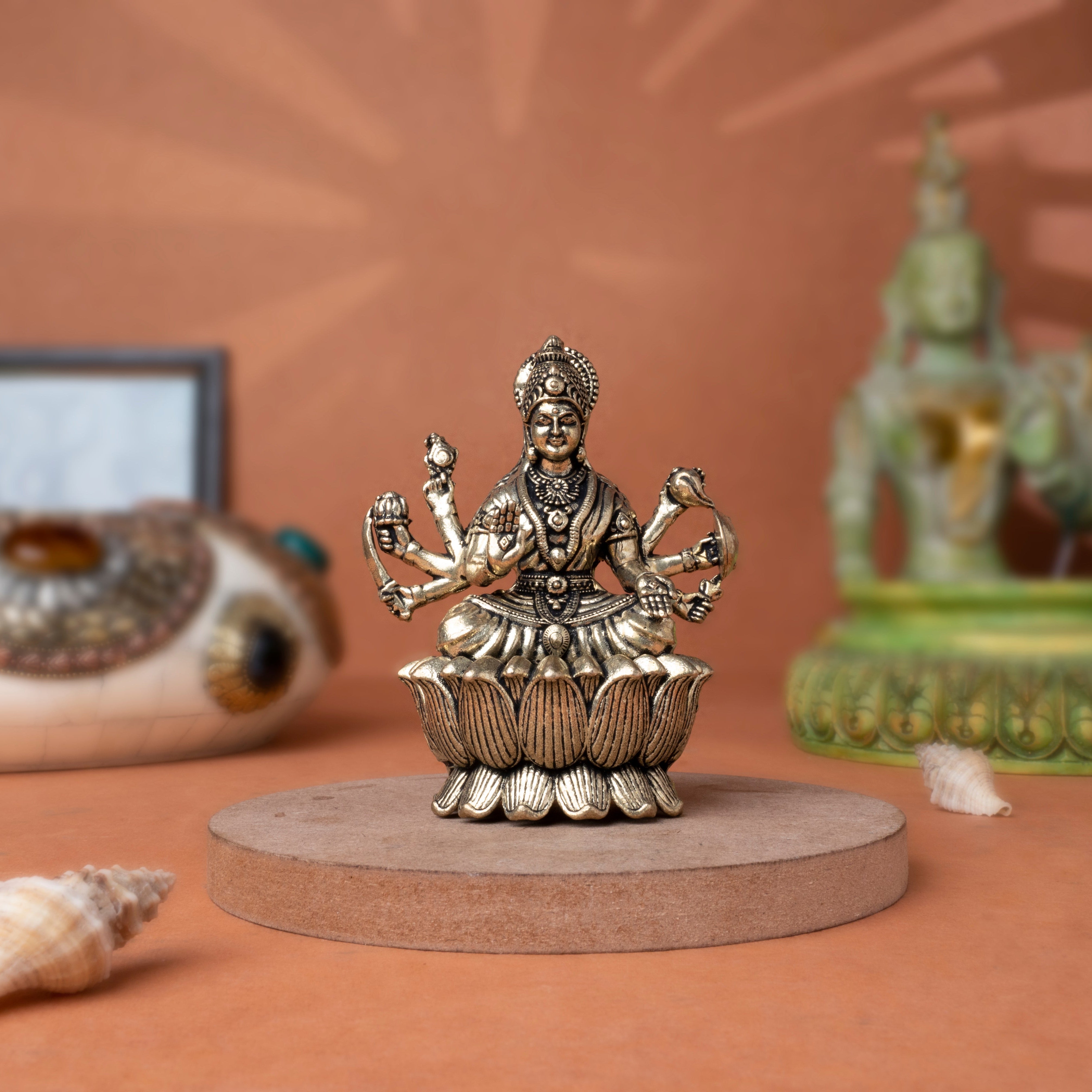 Pure Brass Idol of Goddess Lakshmi, seated gracefully on a Lotus Pedestal In 3.5 Inch