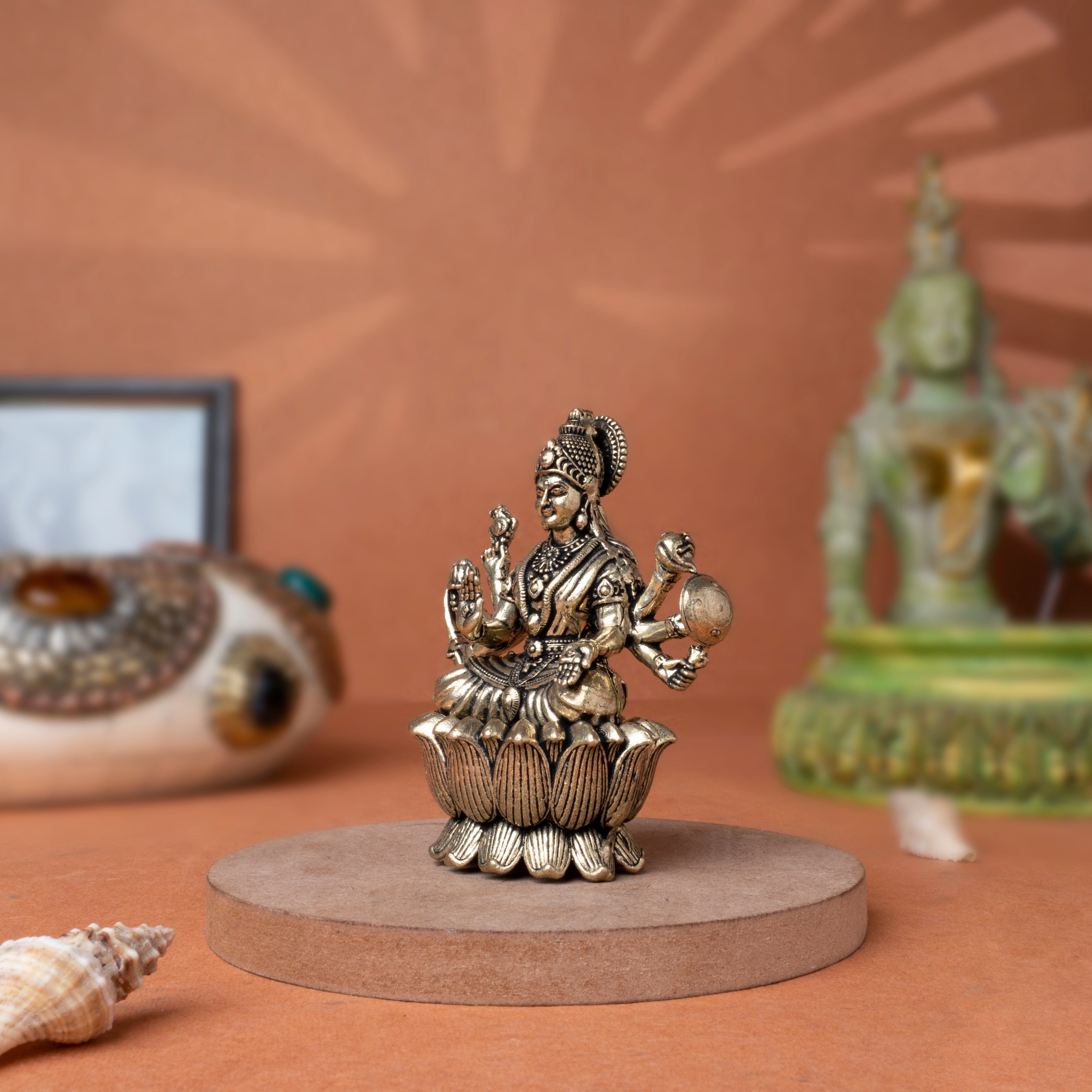 Pure Brass Idol of Goddess Lakshmi, seated gracefully on a Lotus Pedestal In 3.5 Inch