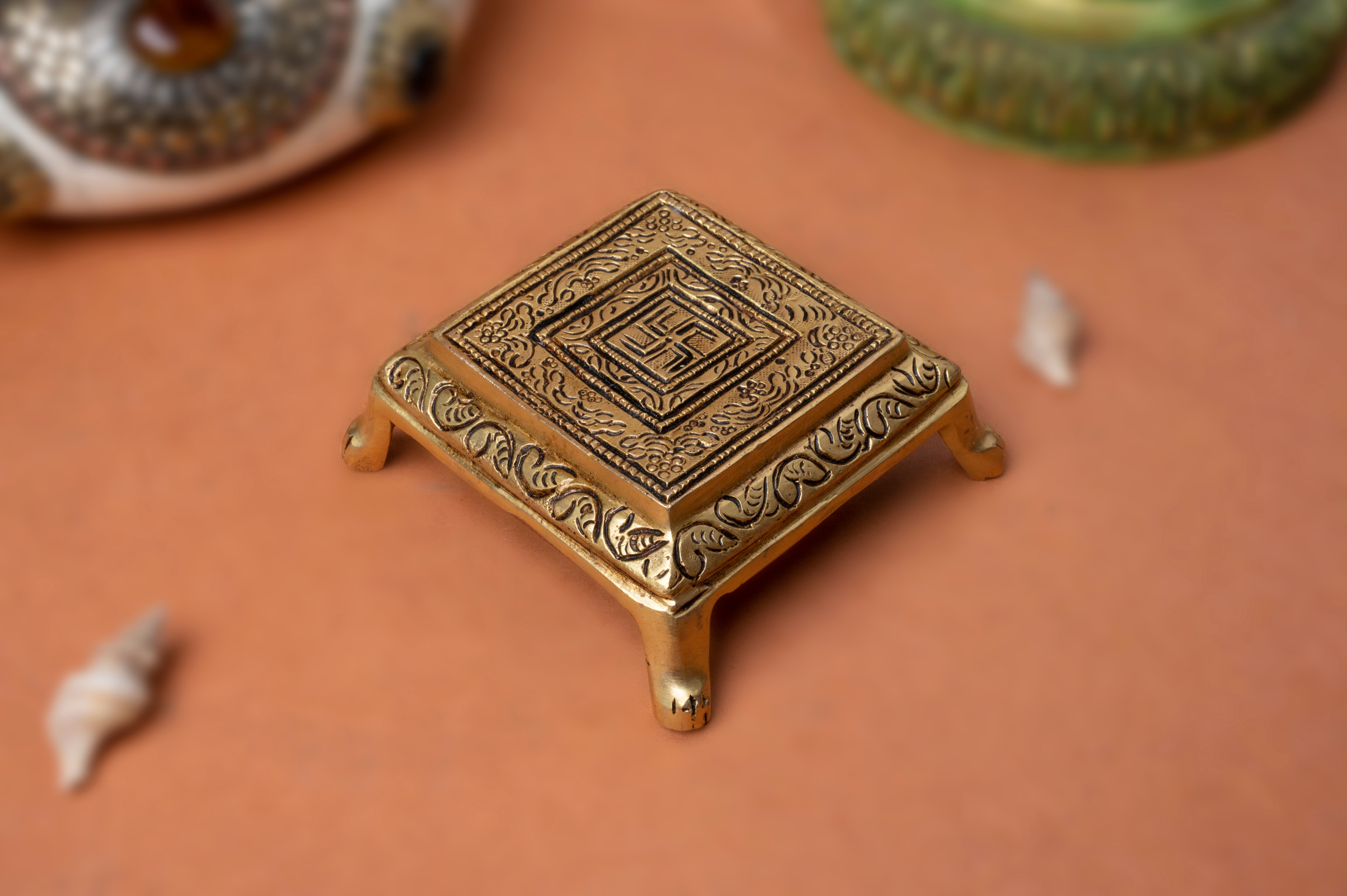 Swastik Chowki In Pure Brass In 4.5 Inch Length For Puja/gift/Festive
