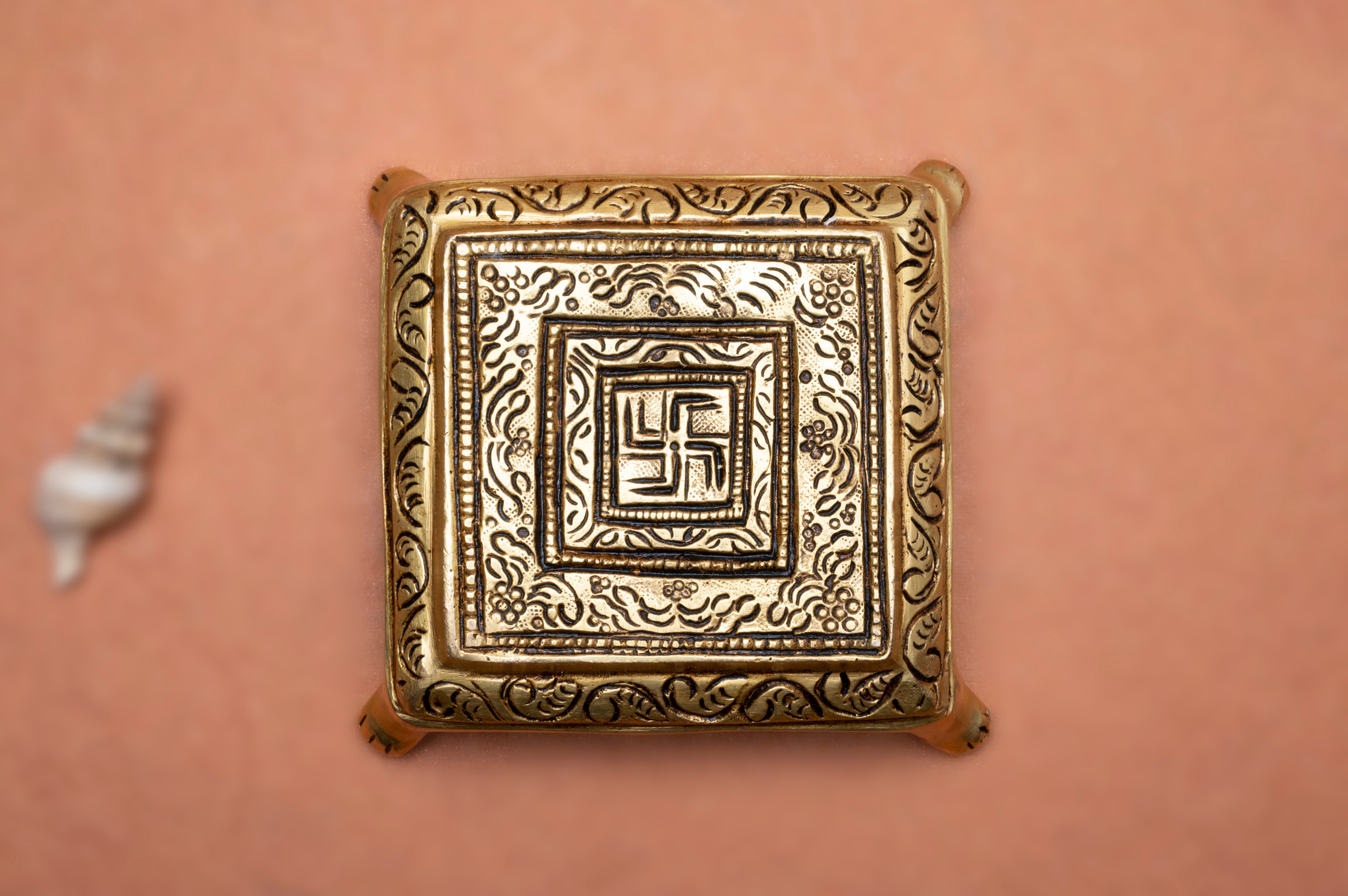 Swastik Chowki In Pure Brass In 4.5 Inch Length For Puja/gift/Festive