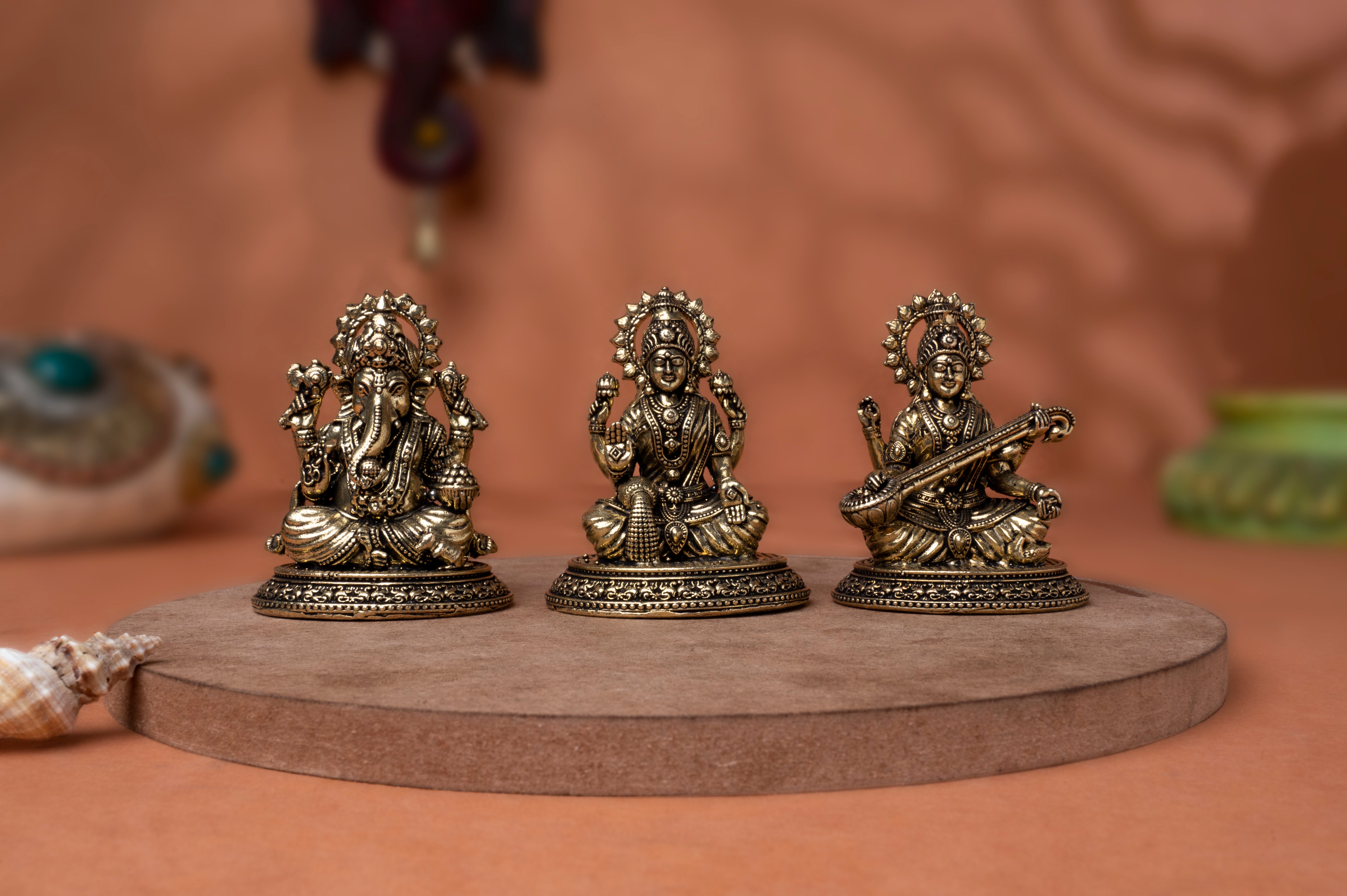 Brass Divine Trio Laksmi Ganesh Saraswati set In 2.8 Inch For Festive