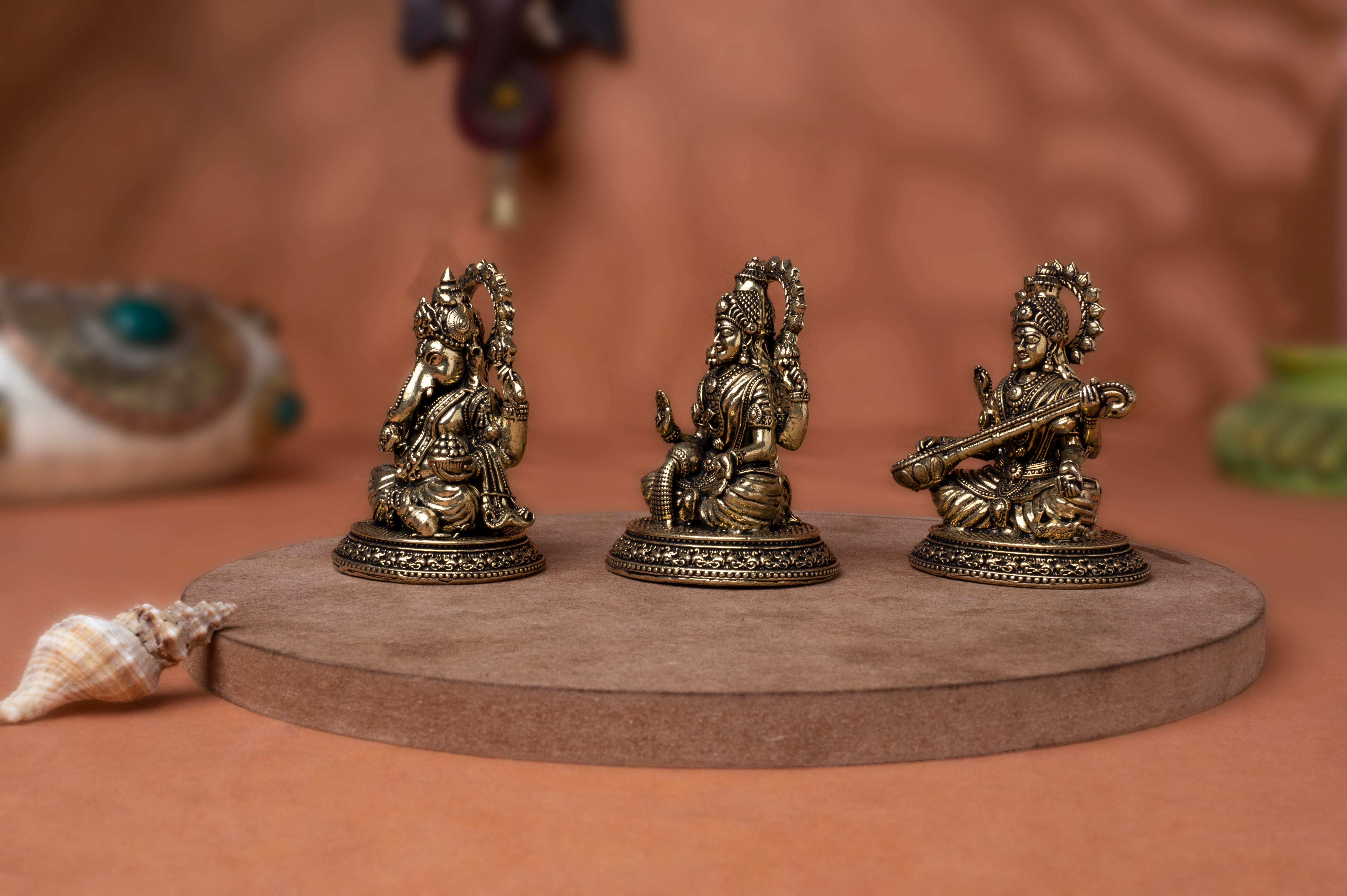 Brass Divine Trio Laksmi Ganesh Saraswati set In 2.8 Inch For Festive