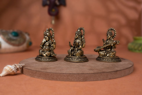 Brass Divine Trio Laksmi Ganesh Saraswati set In 2.8 Inch For Festive