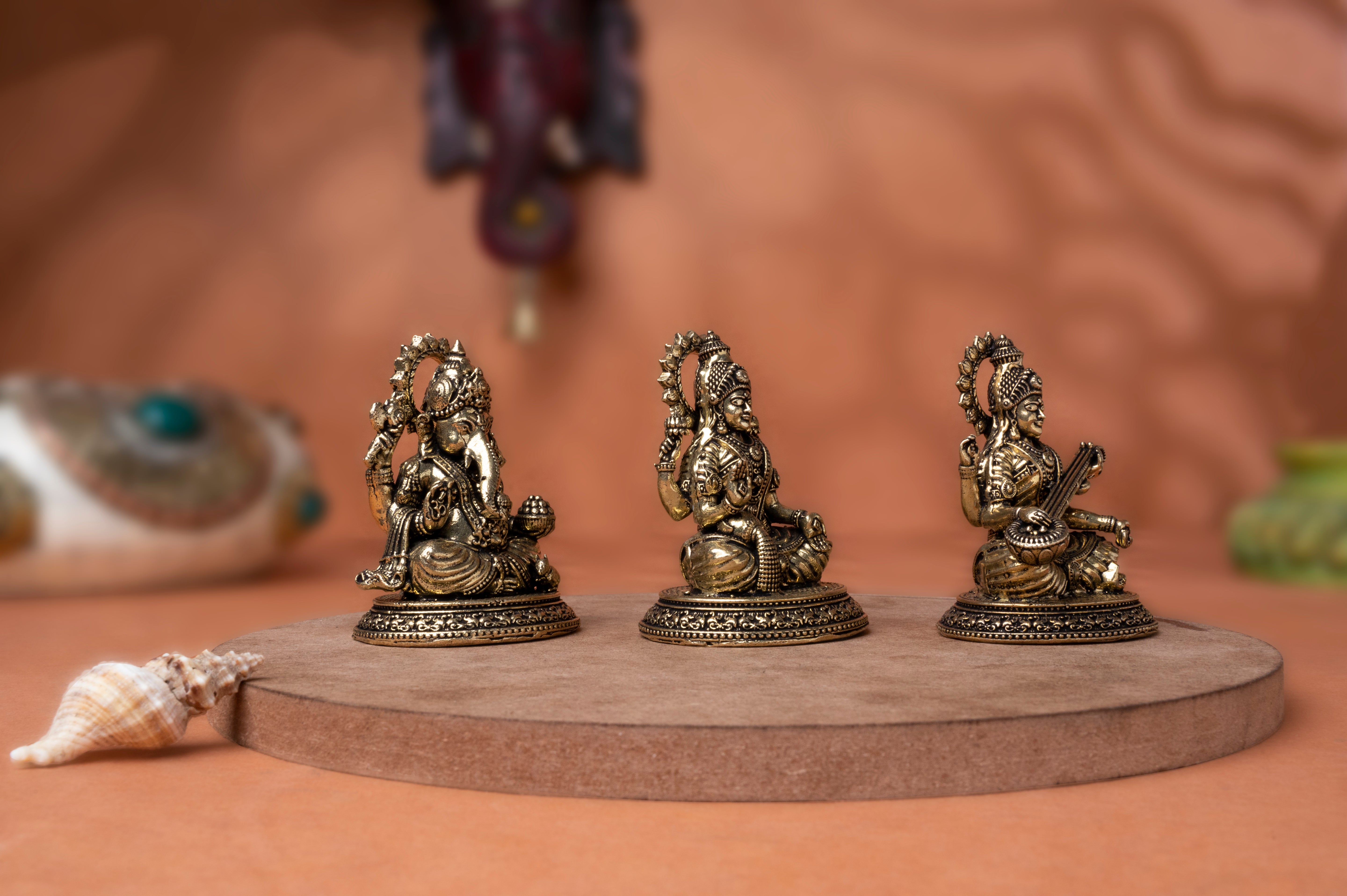 Brass Divine Trio Laksmi Ganesh Saraswati set In 2.8 Inch For Festive