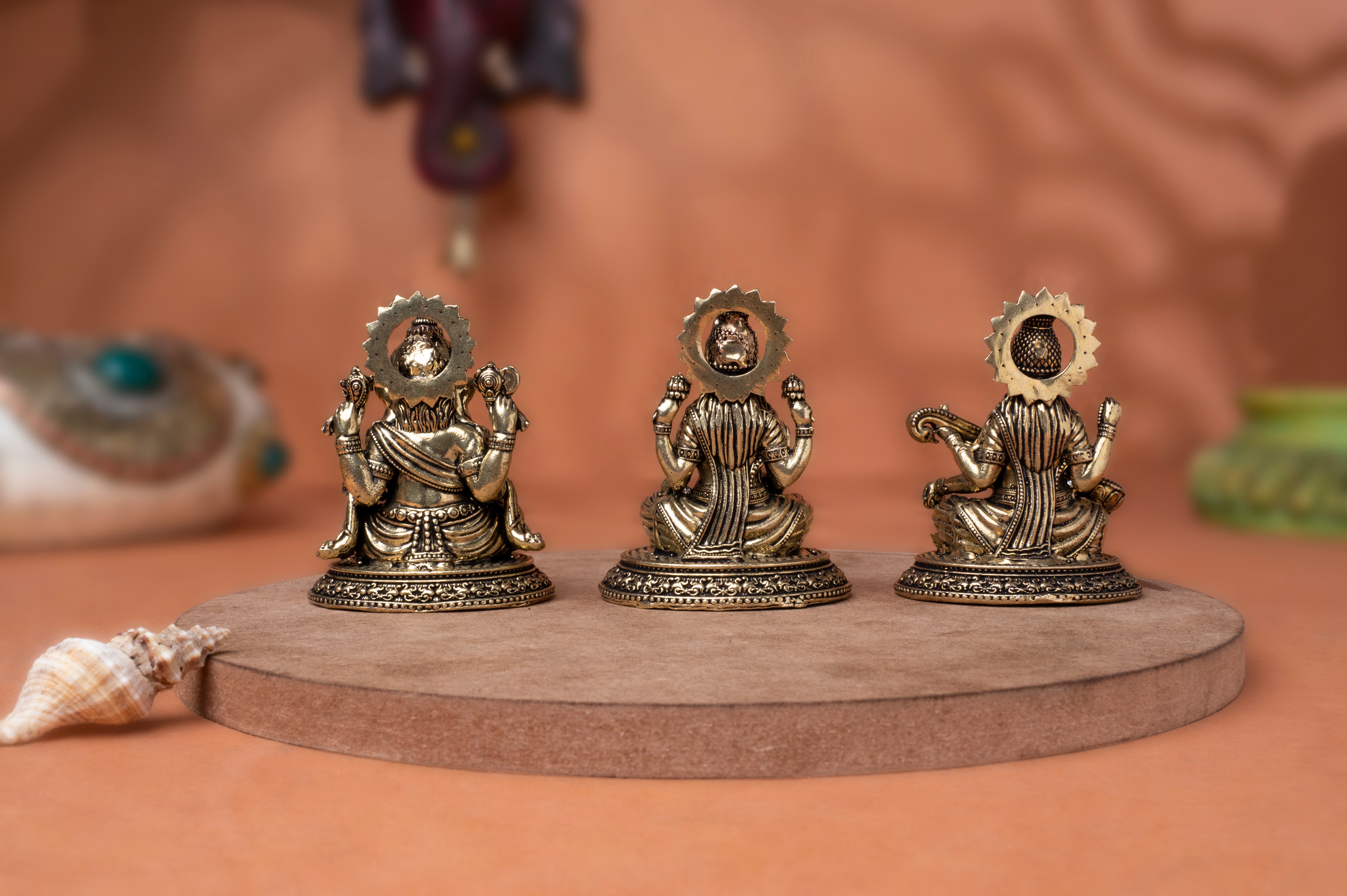 Brass Divine Trio Laksmi Ganesh Saraswati set In 2.8 Inch For Festive
