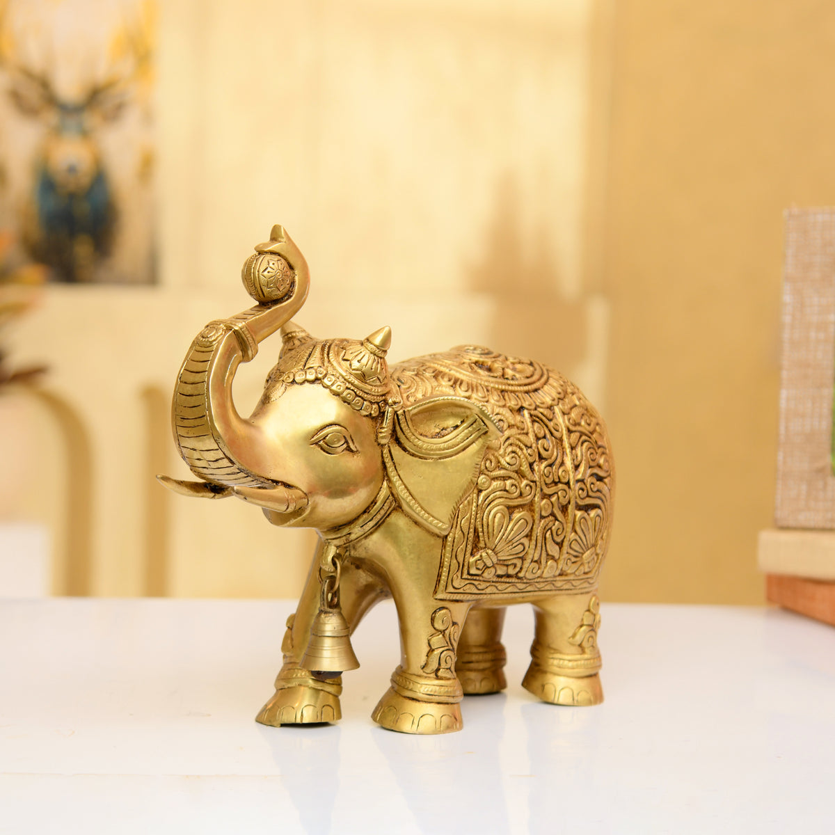 Handcrafted Brass Elephant Statue with Upturned Trunk & Bell Detailing - 10 Inches