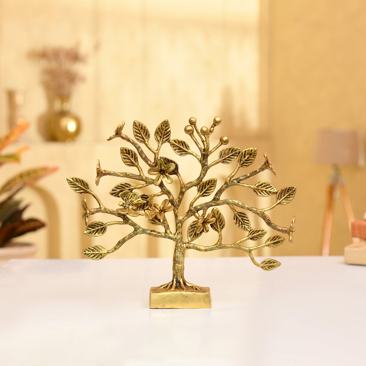 Brass Blossom Tree – Handcrafted Floral Sculpture with Butterflies & Detailed Leaves - 10 Inches