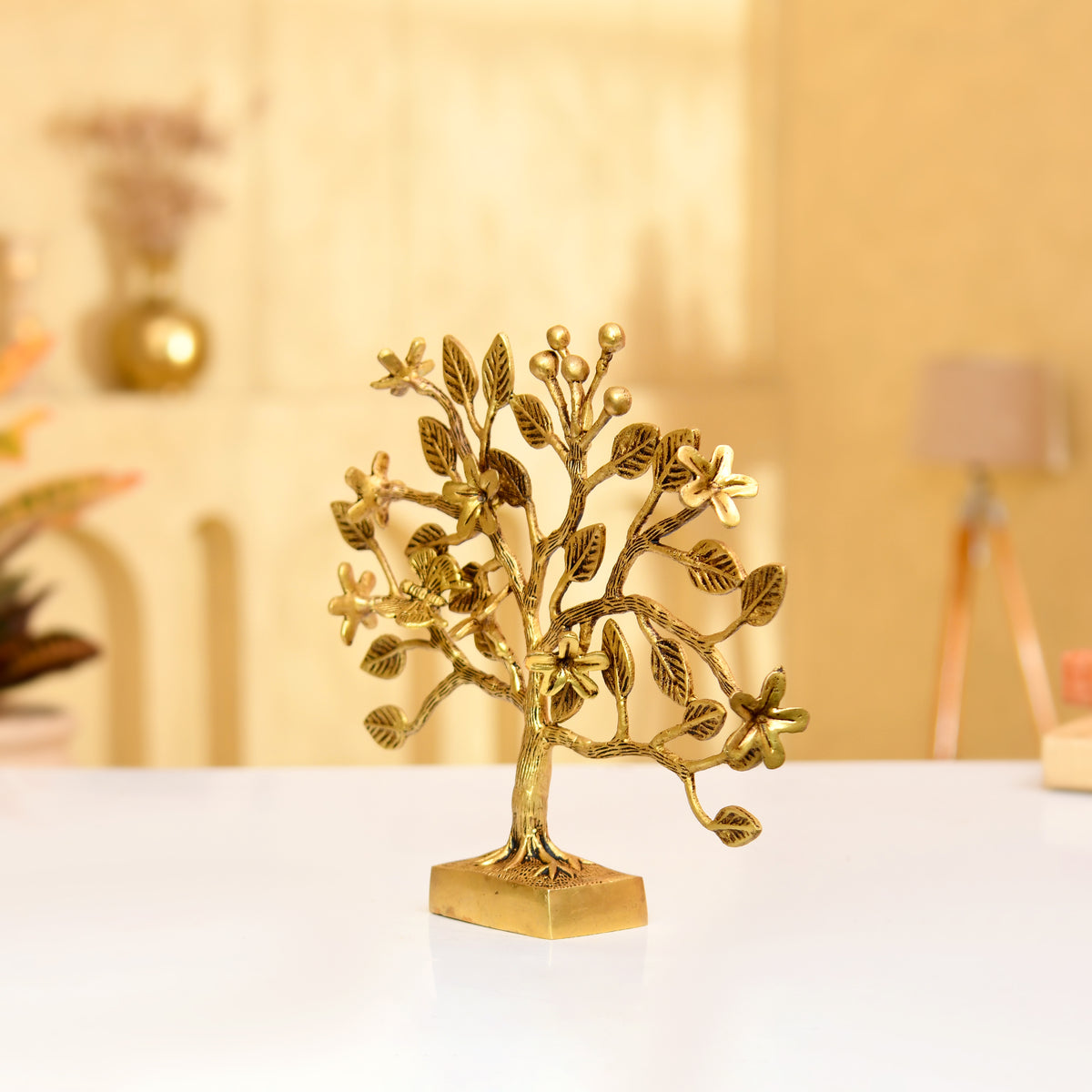 Brass Blossom Tree – Handcrafted Floral Sculpture with Butterflies & Detailed Leaves - 10 Inches