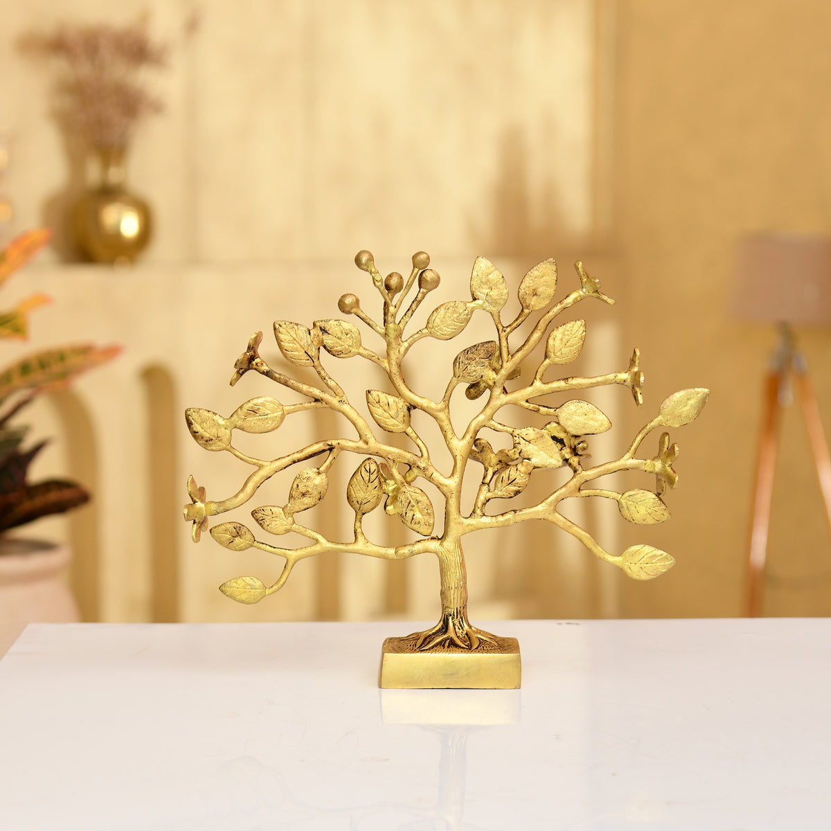 Brass Blossom Tree – Handcrafted Floral Sculpture with Butterflies & Detailed Leaves - 10 Inches
