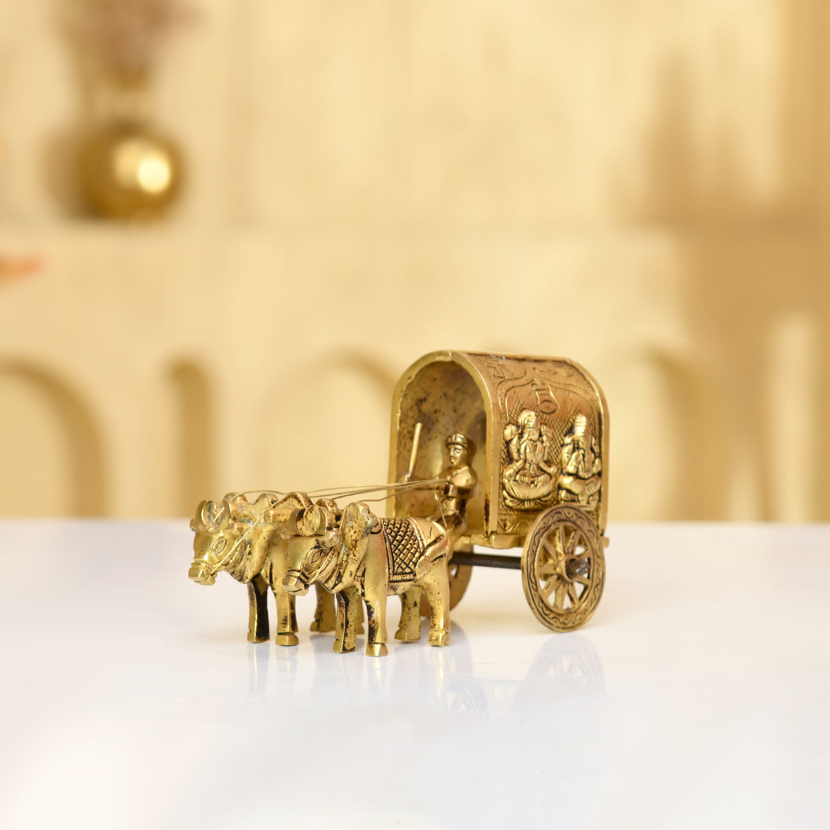 Handcrafted Brass Cow Cart with Carved Lakshmi & Ganesha (Brass Chariot)