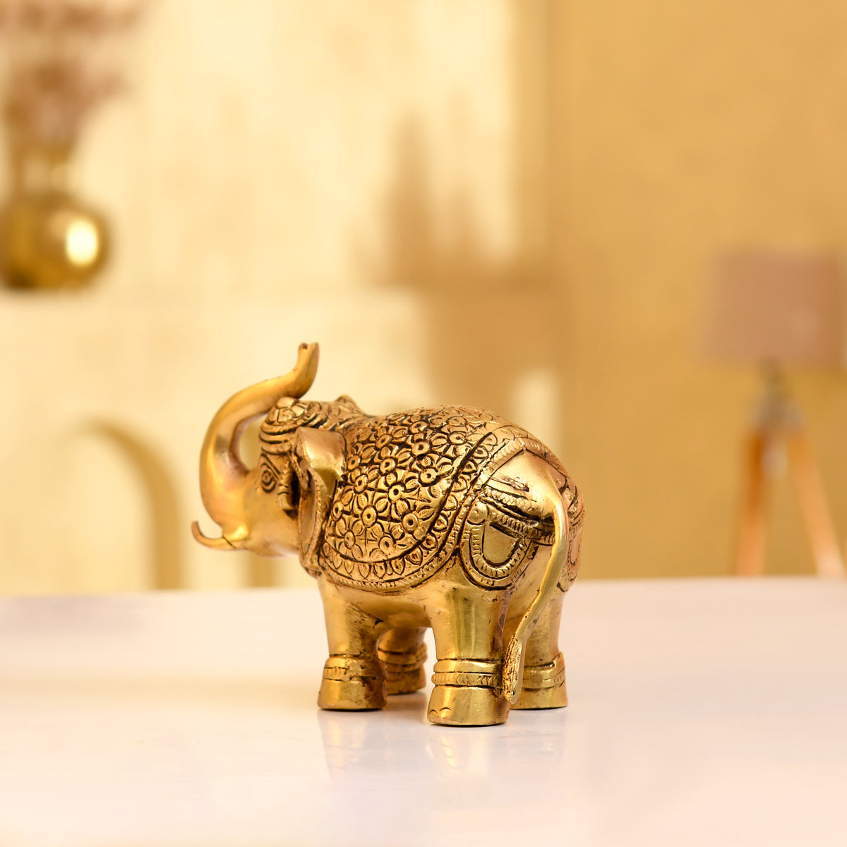 Handcrafted Brass Elephant – Intricate Floral Engraving