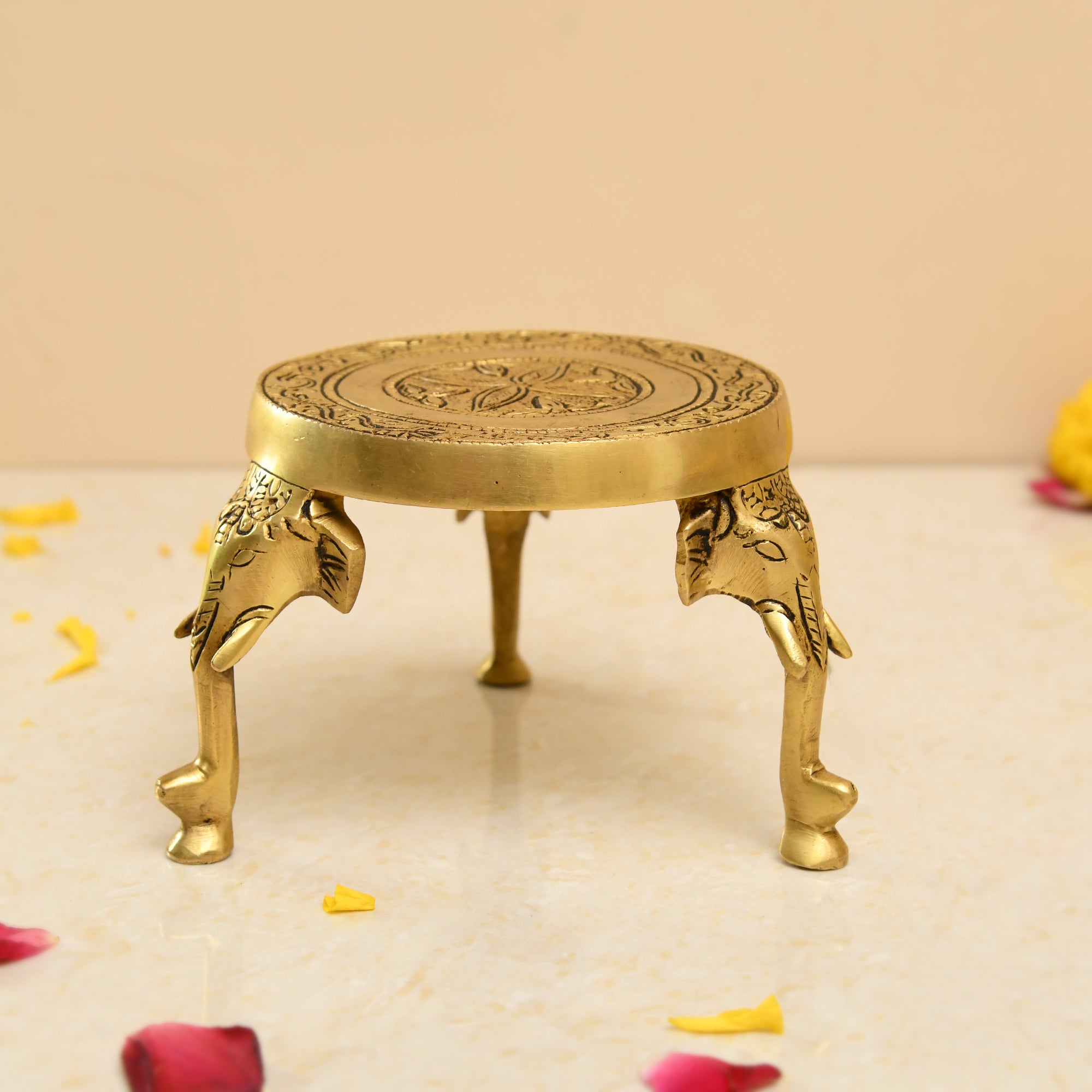 Elephant Leg Detailed Chowki In Pure Brass Antique Look | 3.5 Inches