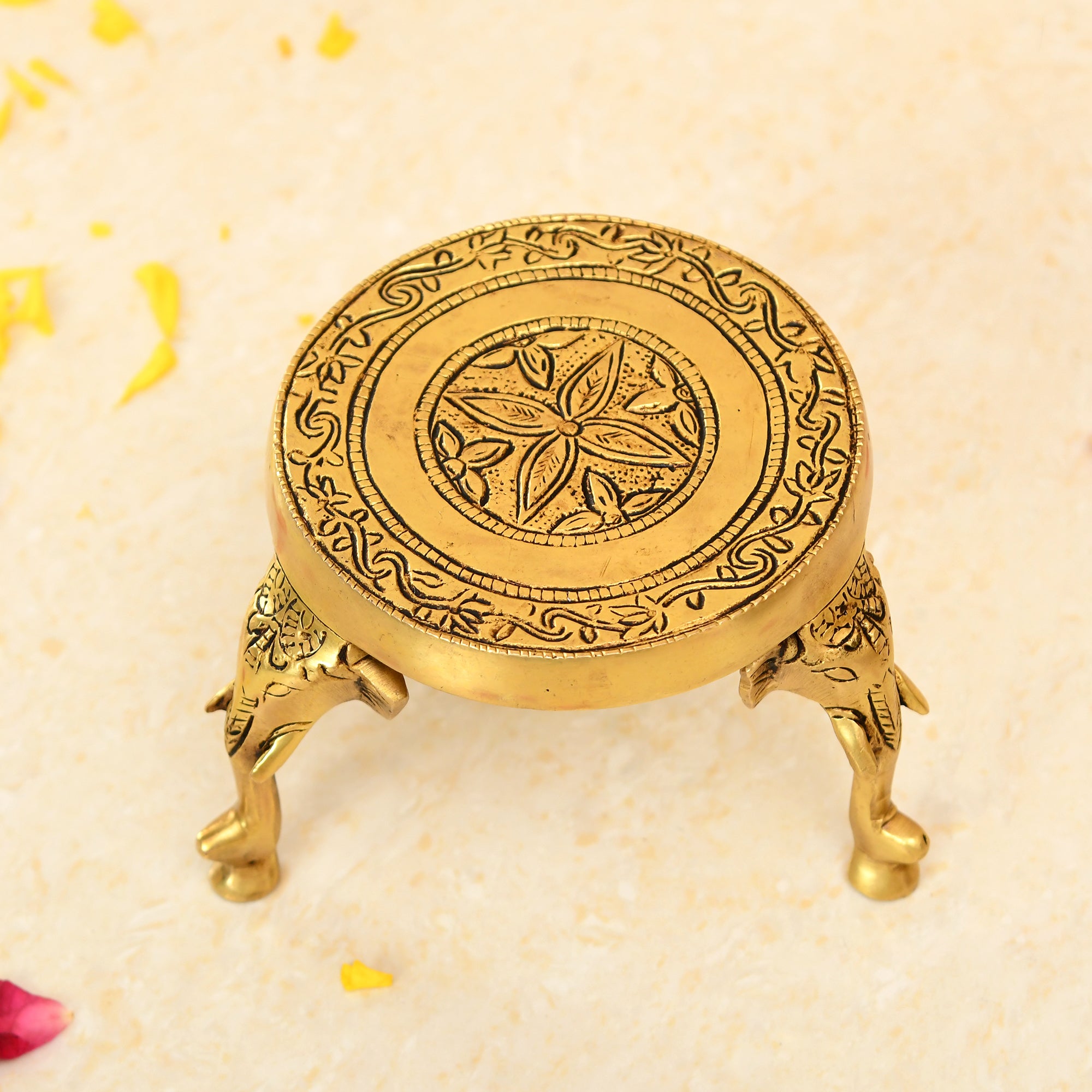 Elephant Leg Detailed Chowki In Pure Brass Antique Look | 3.5 Inches