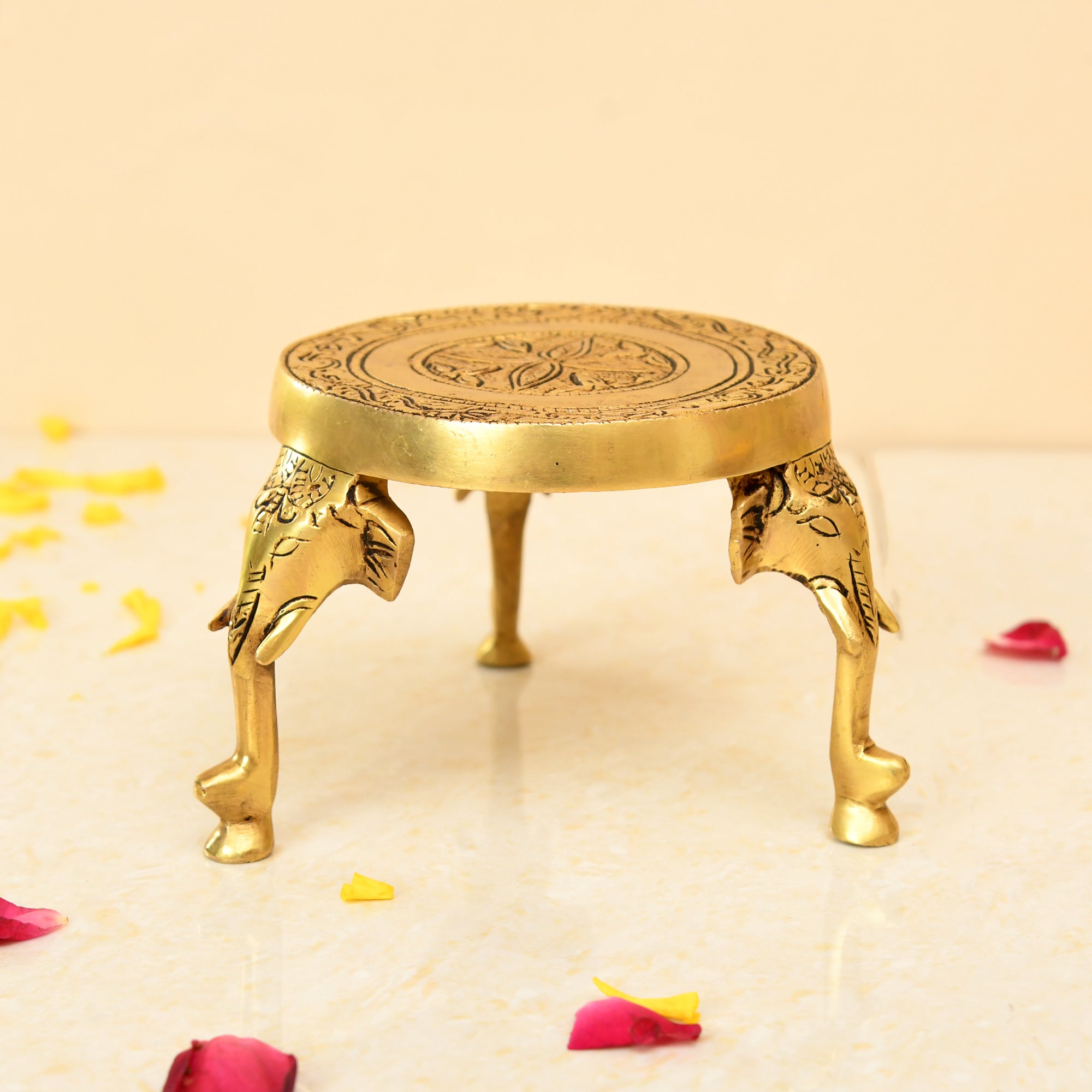 Elephant Leg Detailed Chowki In Pure Brass Antique Look | 3.5 Inches