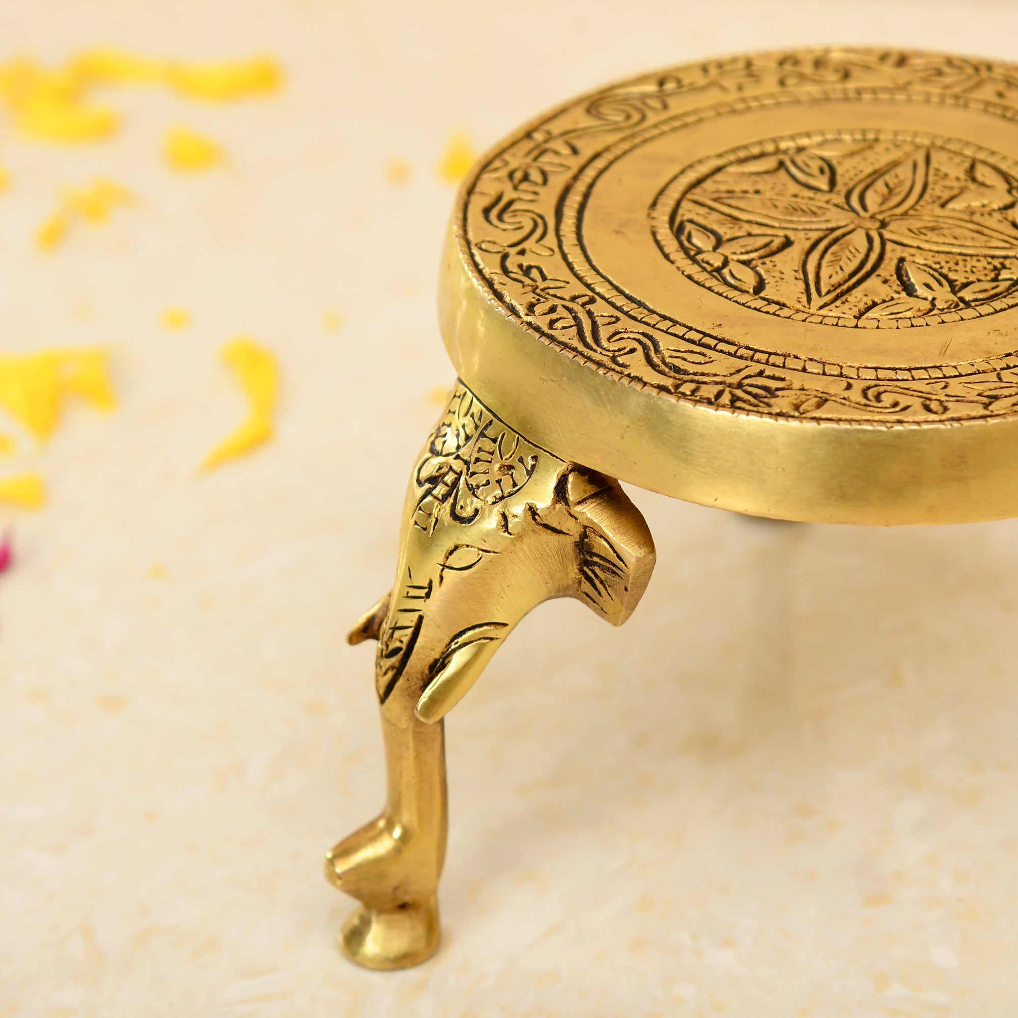Elephant Leg Detailed Chowki In Pure Brass Antique Look | 3.5 Inches