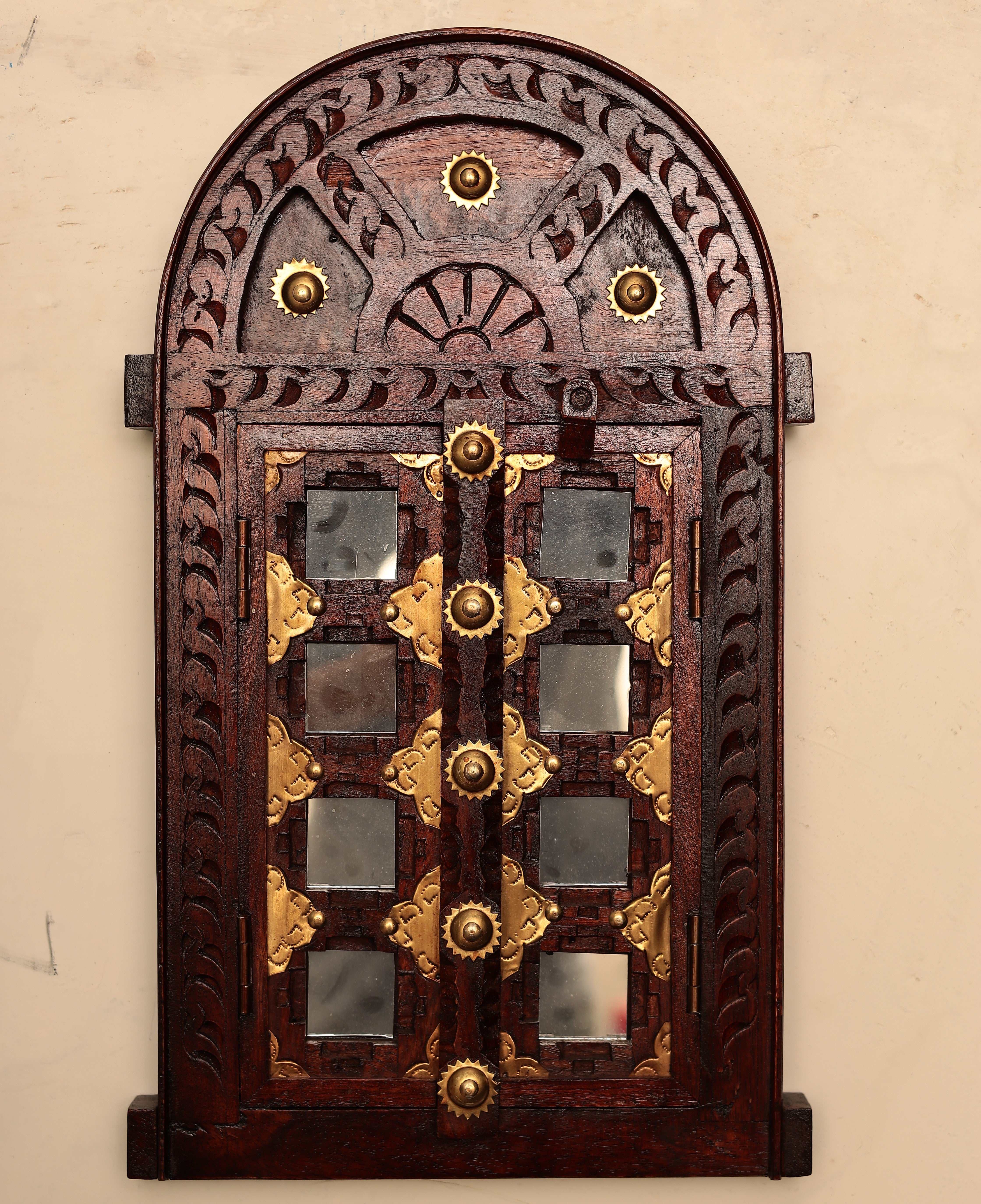 Wall Hanging Hand Carved Wooden Vintage Winndow/Jharokha, Brass Inlaid antique Furniture