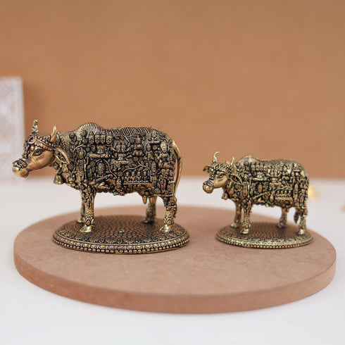 Divine Pure Brass Kamdhenu Cow with Deities/the celestial cow In 3.5 & 3 Inches, embody all gods and goddesses within her form